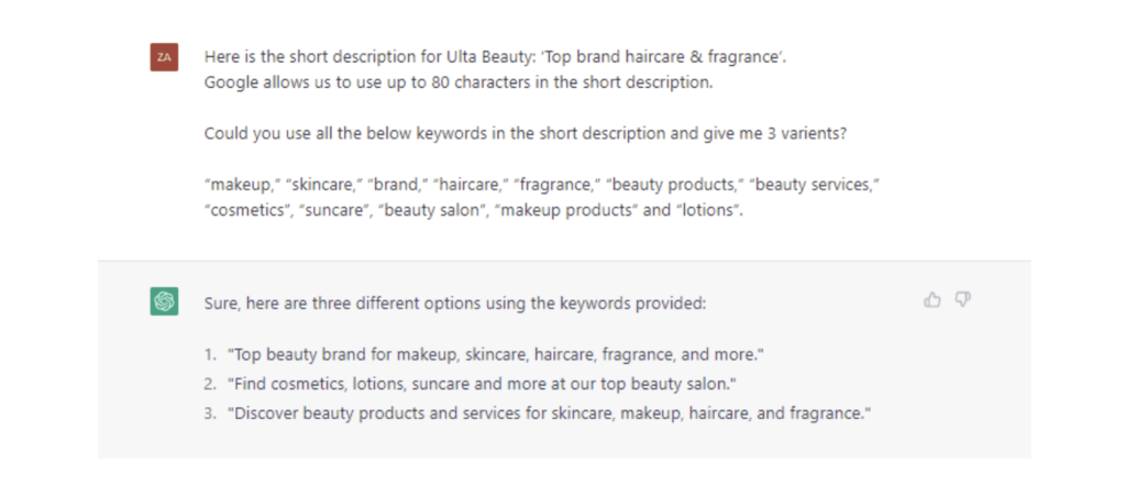 Ultra Beauty Short Description ChatGPT